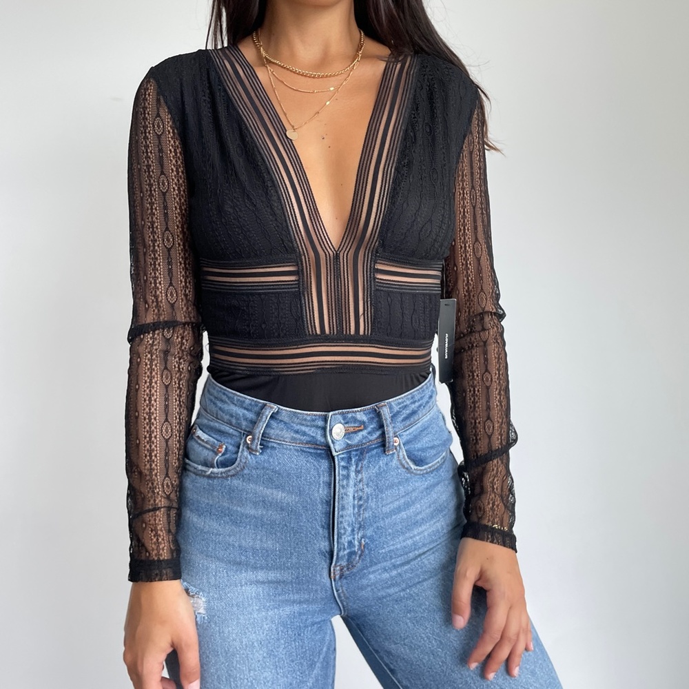 Lulu's Black Sheer Lace Deep V Bodysuit